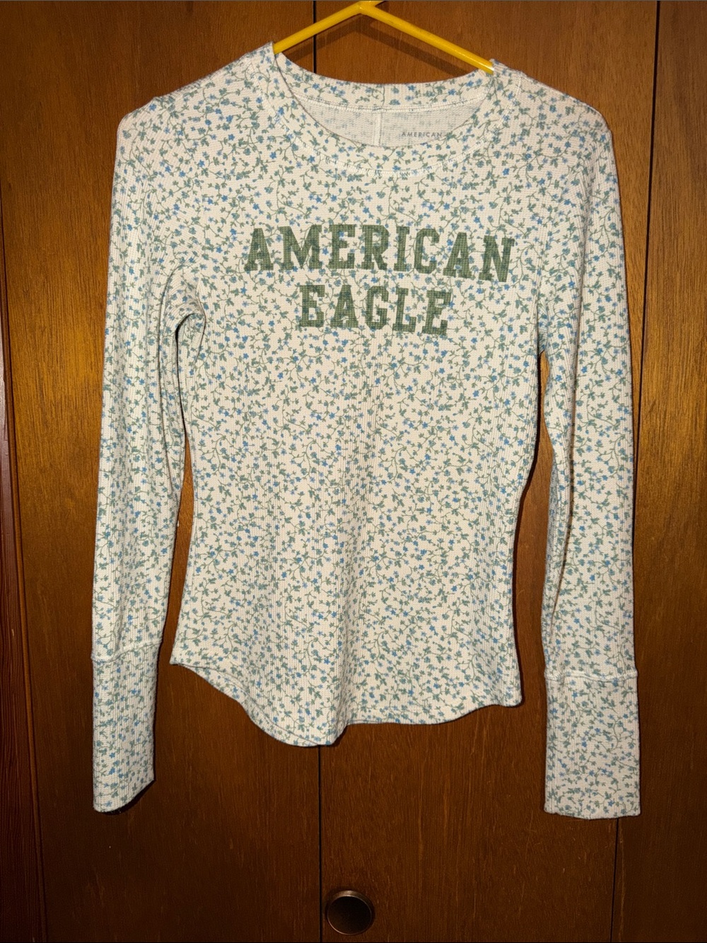 American Eagle Outfitters Women's Light Blue Floral Long-Sleeve Tee